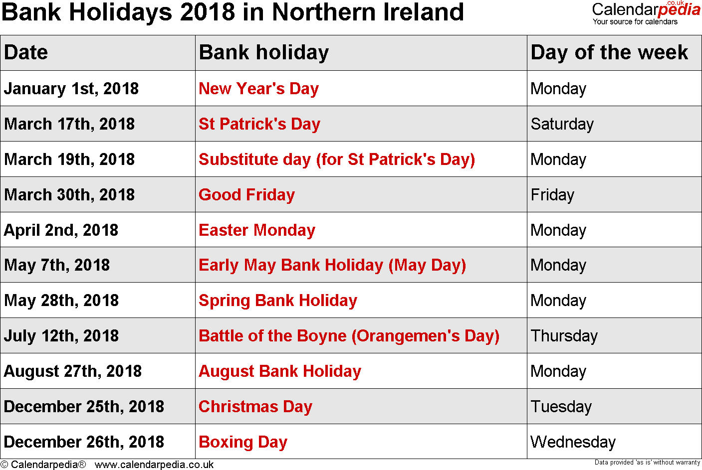 Bank Holidays | Nidirect