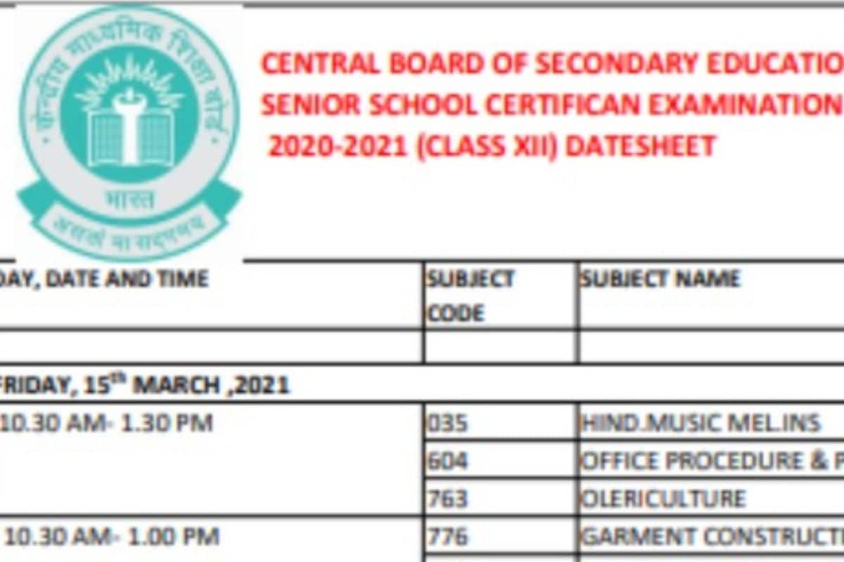 Cbse Class 12 Date Sheet 2021: Check 12Th Term 1 Time Table