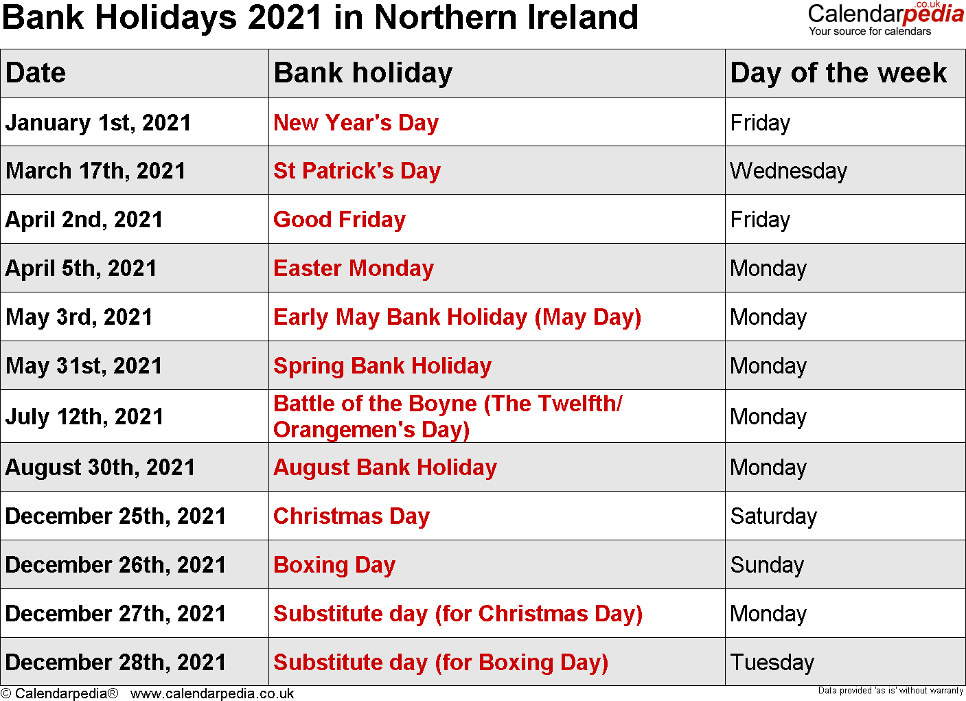 Northern Ireland Bank Holidays 2021 - Publicholidays.Co.Uk