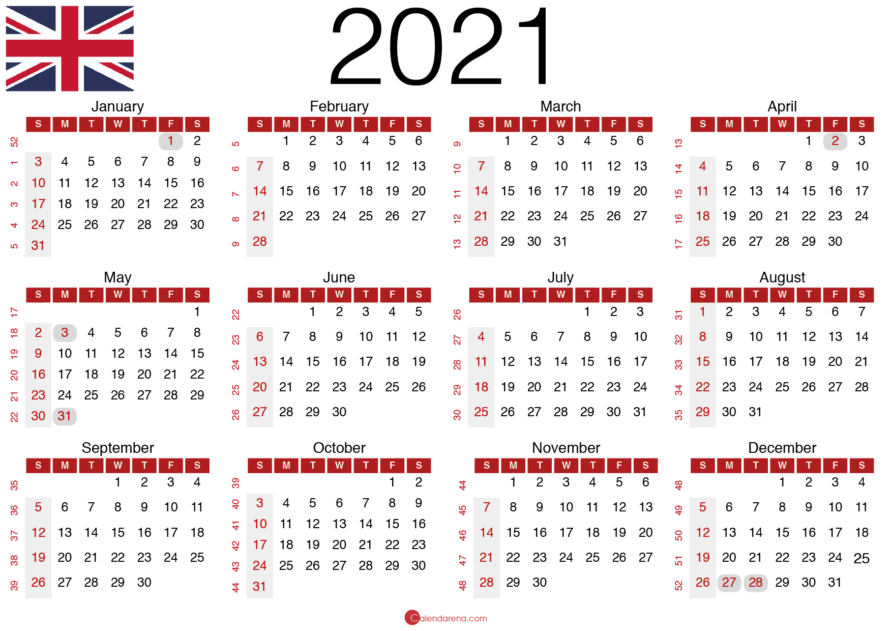 Year 2021 Calendar – United Kingdom